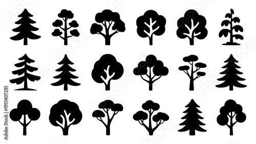 Set of 18 tree icons vector black silhouettes including pine spruce oak and deciduous forest plants for landscape design