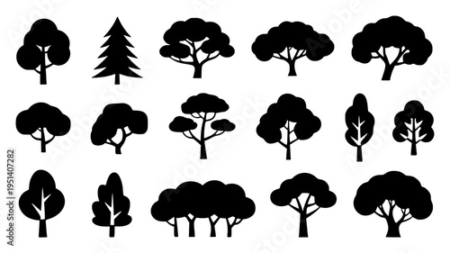 Set of 15 tree silhouette icons vector including pine oak and deciduous forest plants for landscape design and maps