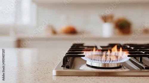 A gas burner is lit in a modern bright kitchen.