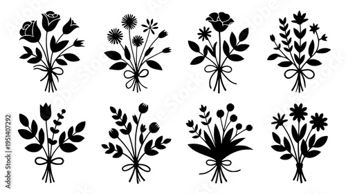 Set of 8 flower bouquet icons vector black silhouette floral arrangements with bows for wedding and greeting cards