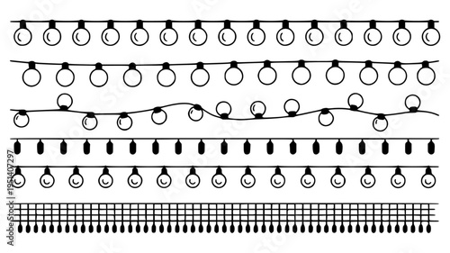 Set of 6 Christmas string lights vector icons with black line fairy light borders and hanging holiday bulb garlands
