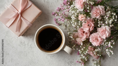 Romantic flat lay with black coffee cup, pink roses bouquet and gift box, cozy feminine still life for greeting card isolated PNG with Transparent Background