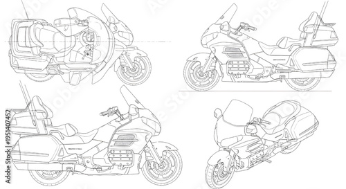 Touring Motorcycle AutoCAD Blueprint Vector – Multi View Motorbike Technical Drawing