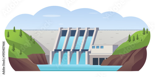 Hydroelectric dam with flowing water in flat style on landscape background, concept of renewable energy. Vector illustration