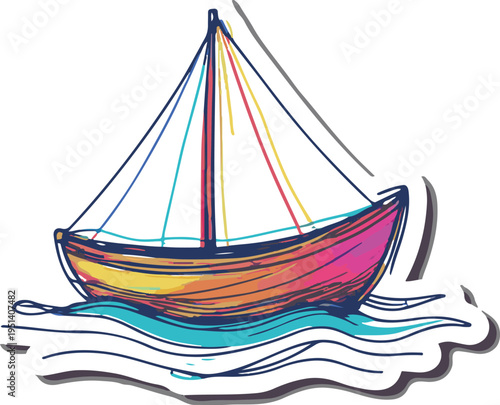 Colorful bold line art sticker of a small boat with wavy unstable lines, rough sketch style, minimal detail, white background 2