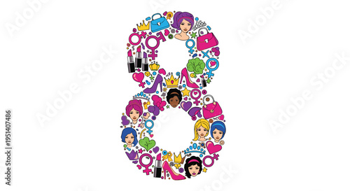 Colorful Number Eight Made of Cartoon Characters.