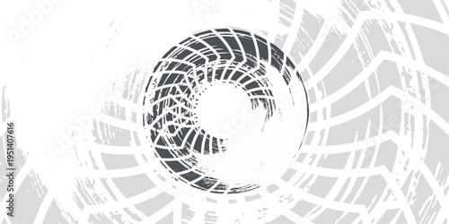 Creative abstract illustration of a classic black and white soccer ball surrounded by dynamic tire track patterns forming a circular motion effect.