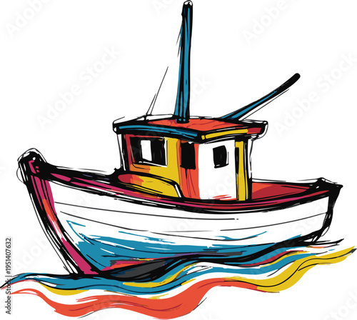 Colorful bold line art sticker of a small boat with wavy unstable lines, rough sketch style, minimal detail, white background 1