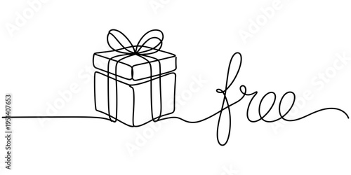 Continuous one line drawing big sale concept. A discount gift with a ribbon. One-line drawing open gift box and "FREE" word. Hand drawn one line vector. Editable stroke