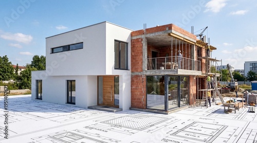 Modern House Under Construction on Architectural Blueprints with Workers and Scaffolding on Building Site