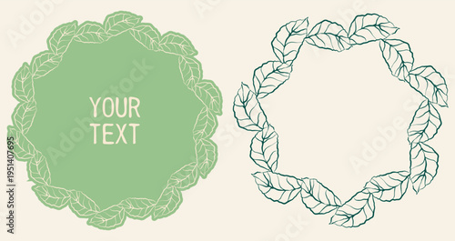 Outline organic leaf circle frame, whimsical coquette decorative leaves border background card. Hand-drawn ink paint brush sketch curly line, doodle simple drawing elegant style design.