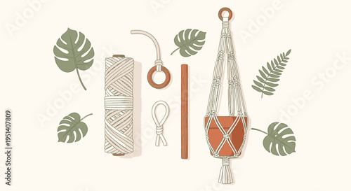 Macrame Plant Hanger with Rope and Leaves.