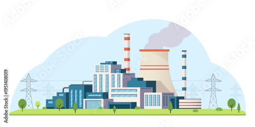 Industrial factory plant in flat style on light background showing energy production concept. Vector illustration