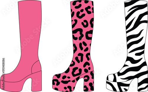 Fashion platform boots with leopard and zebra patterns isolated on white background trendy women footwear vector illustration collection