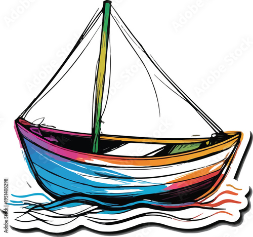 Colorful bold line art sticker of a small boat with wavy unstable lines, rough sketch style, minimal detail, white background 3