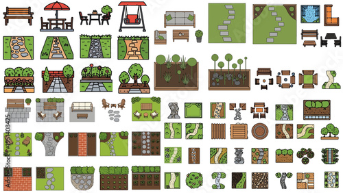 garden design assets featuring outdoor furniture, architecture elements, farming tiles, plants, trees, and cozy backyard landscape layouts set.