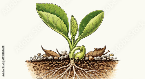 Young Plant Growing From Soil with Visible Roots and Leaves
