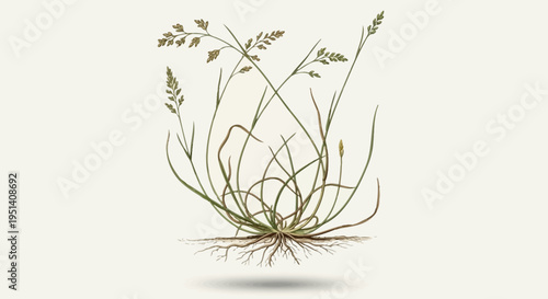 Detailed botanical illustration of a grass plant with roots and seed heads