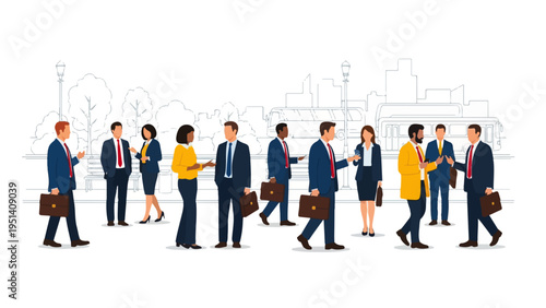 Professional team discussion and collaboration during an outdoor park business meeting, people sharing ideas in a modern vector illustration scene.