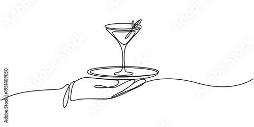 Continuous line one drawing of hand holding dish with bottle and a glass drawn from the hand a picture of the silhouette. Line art. a bottle of champagne with a wine glass