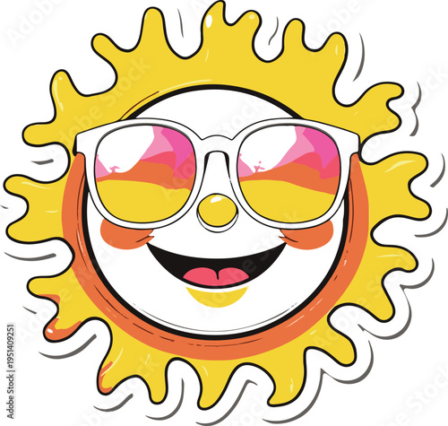 Colorful bold line art sticker of a smiling sun wearing sunglasses, playful design, white background 1