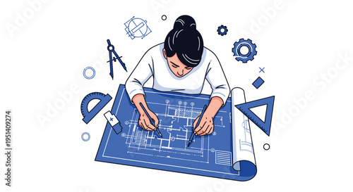 Woman Architect Working on Blueprint Design.