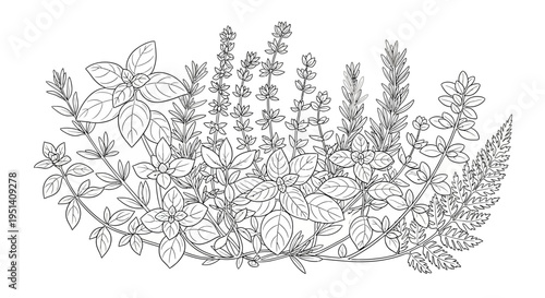 Herbal Garden Illustration: Detailed Line Art of Culinary Herbs