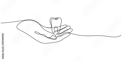Hand Holding Tooth Continuous One Line Art Dental Care Protection Concept Clinic Vector Illustration