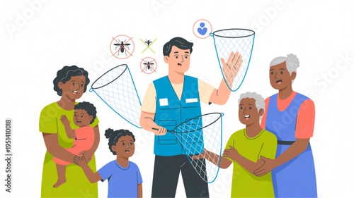 Vector illustration of a pest control professional demonstrating mosquito net usage to a diverse family promoting insect protection and public health awareness