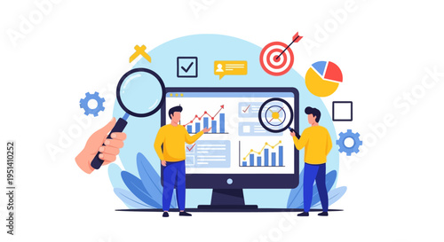 Flat design illustration of two businessmen analyzing graphs on a computer screen with various infographic elements.