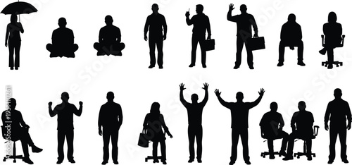 Silhouettes of people in daily activities, sitting, standing, meditating, holding umbrellas, carrying bags, gesturing, vector illustration for lifestyle and design