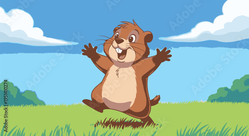Happy Cartoon Beaver Jumping in Green Field.