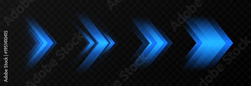 Set of glowing blue arrows PNG. Dynamic glowing arrows showing speed and motion. Neon arrows PNG.