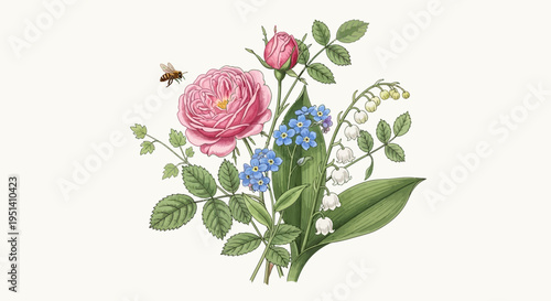 Vintage Floral Bouquet: Rose, Lily of the Valley, Forget-Me-Nots with Bee