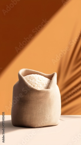 Vertical agriculture background featuring sack of rice with copy space