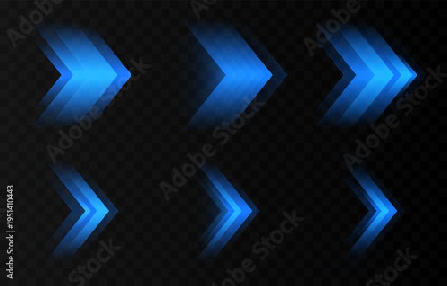 Set of glowing blue arrows PNG. Dynamic glowing arrows showing speed and motion. Neon arrows PNG.