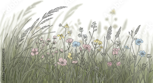 Delicate Wildflowers and Tall Grasses in Soft Pastel Colors