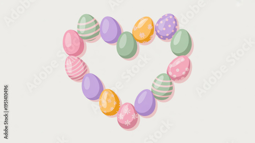 Heart shape made of colorful Easter eggs pastel spring holiday symbols arranged for celebration isolated on white background