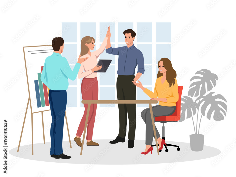 Fototapeta premium Group of colleagues working in an office in flat style on bright background, showing teamwork and success. Vector illustration