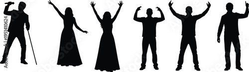 Silhouettes of people performing, dancing, celebrating, flexing arms, pointing upward, expressive human poses vector illustration for performance, celebration, symbolic design