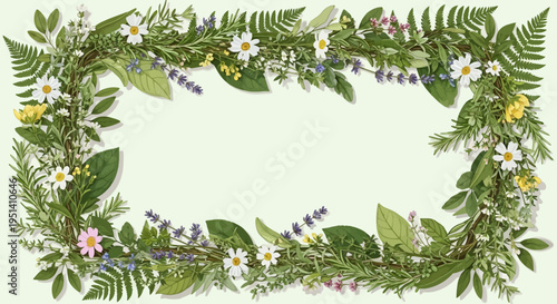Floral Border Frame of Wildflowers and Ferns on Light Green Background