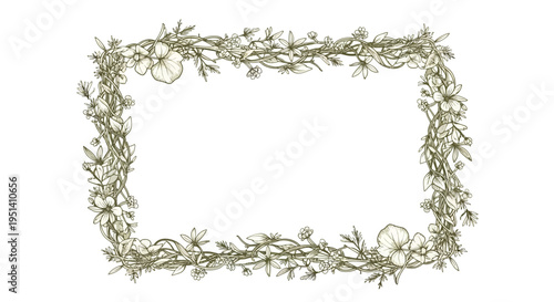 Hand Drawn Floral Rectangle Frame - Vintage Botanical Border Illustration