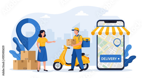 Illustration of a delivery person and woman with a delivery scooter and smartphone showing a delivery app on a clean background