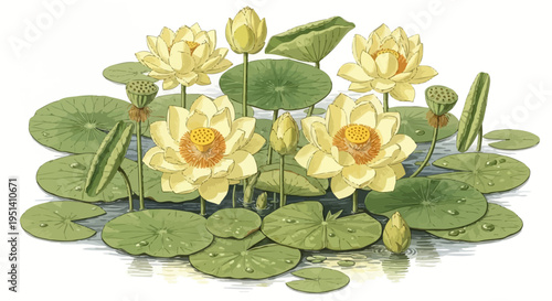 Yellow Lotus Flowers and Lily Pads on Water
