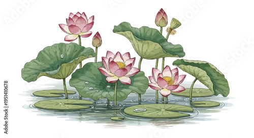Pink Lotus Flowers and Lily Pads in Water
