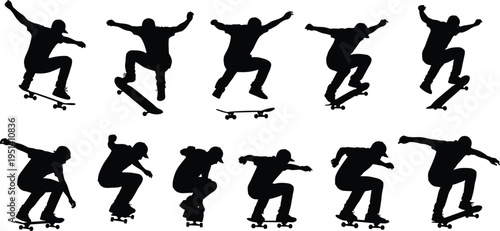 Skateboarder silhouettes collection showing skateboarding jump tricks ollie and riding poses extreme sport athlete vector illustration isolated black set