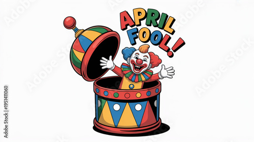 Jester clown popping out of a colorful jack-in-the-box with April Fool text a fun illustration for holiday celebrations and pranks