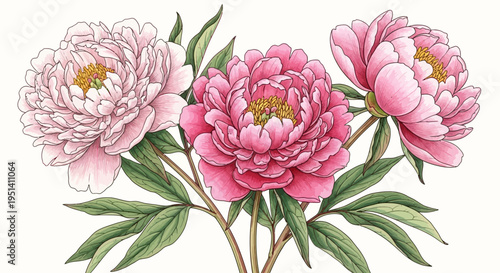 Three Pink Peony Flowers with Green Leaves on White Background