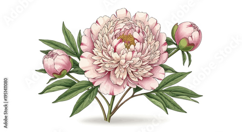 Delicate Pink Peony Flower with Buds and Green Leaves, Botanical Illustration