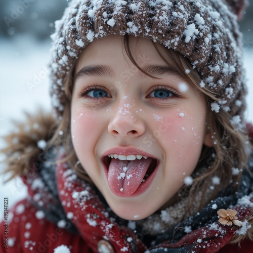 Side view close-up of child catching snowflakes on tongue, detailed snow particles in air